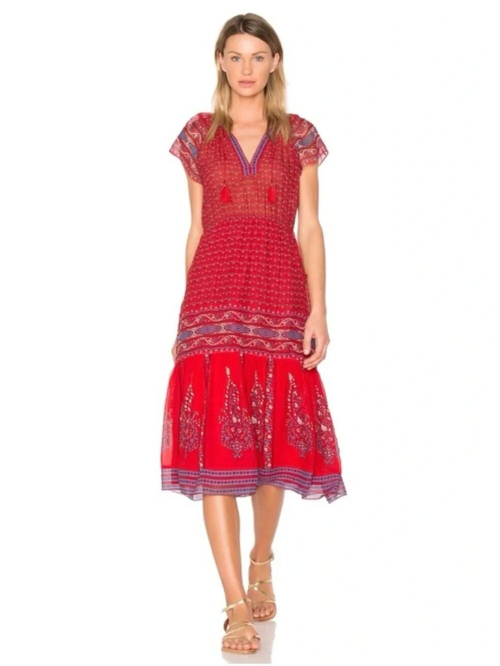 Ulla Johnson Neela Tassel Scarlet Red Silk Georgette Midi Dress 10